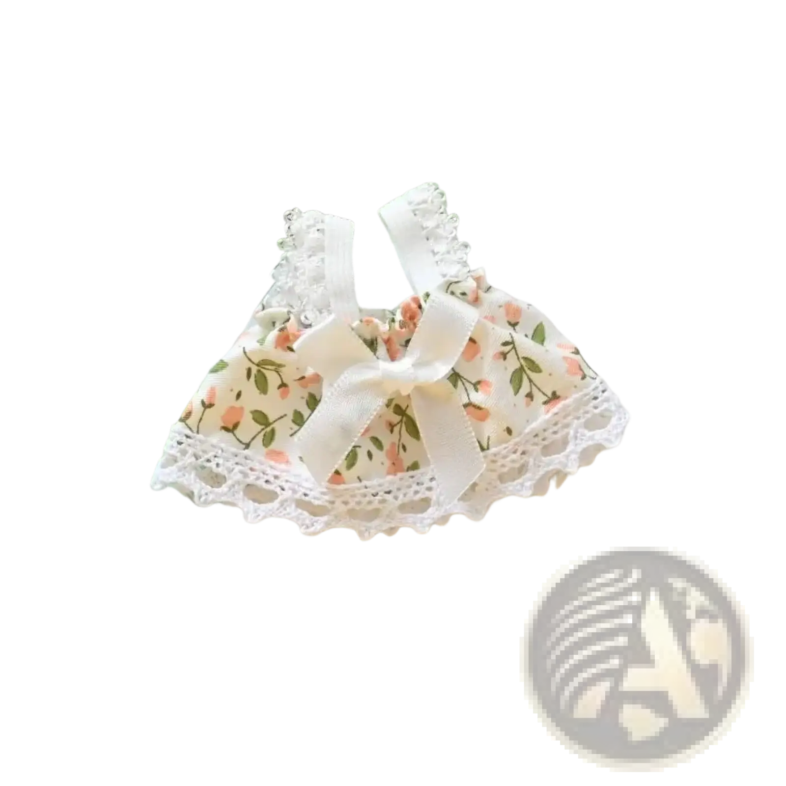 A delicate cream-colored lace trim 15cm doll gingham dress with a white ribbon bow plush outfit