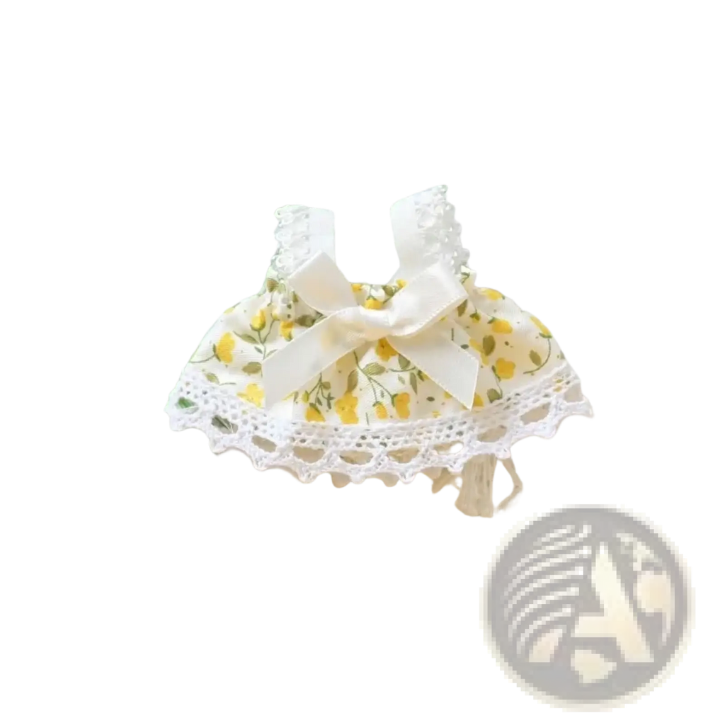 15cm doll gingham dress with delicate white lace trim yellow floral pattern and matching satin bow plush outfit