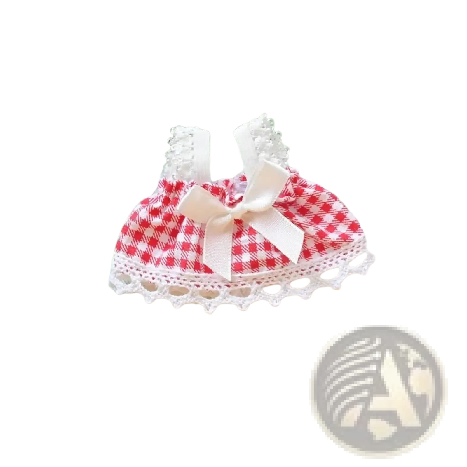 A 15cm doll gingham dress in red and white with lace trim and satin bow for a cute plush outfit