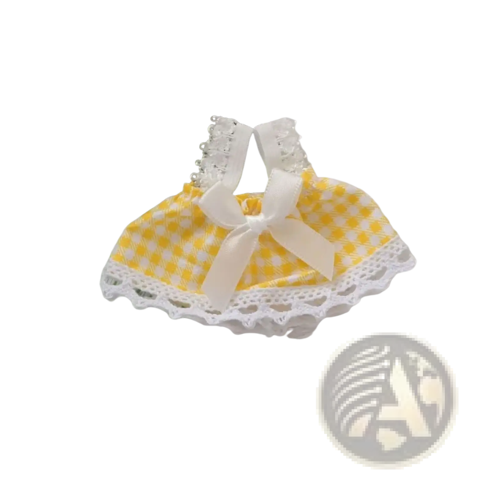 15cm doll gingham dress with yellow and white fabric lace trim and cream bow plush outfit for dolls