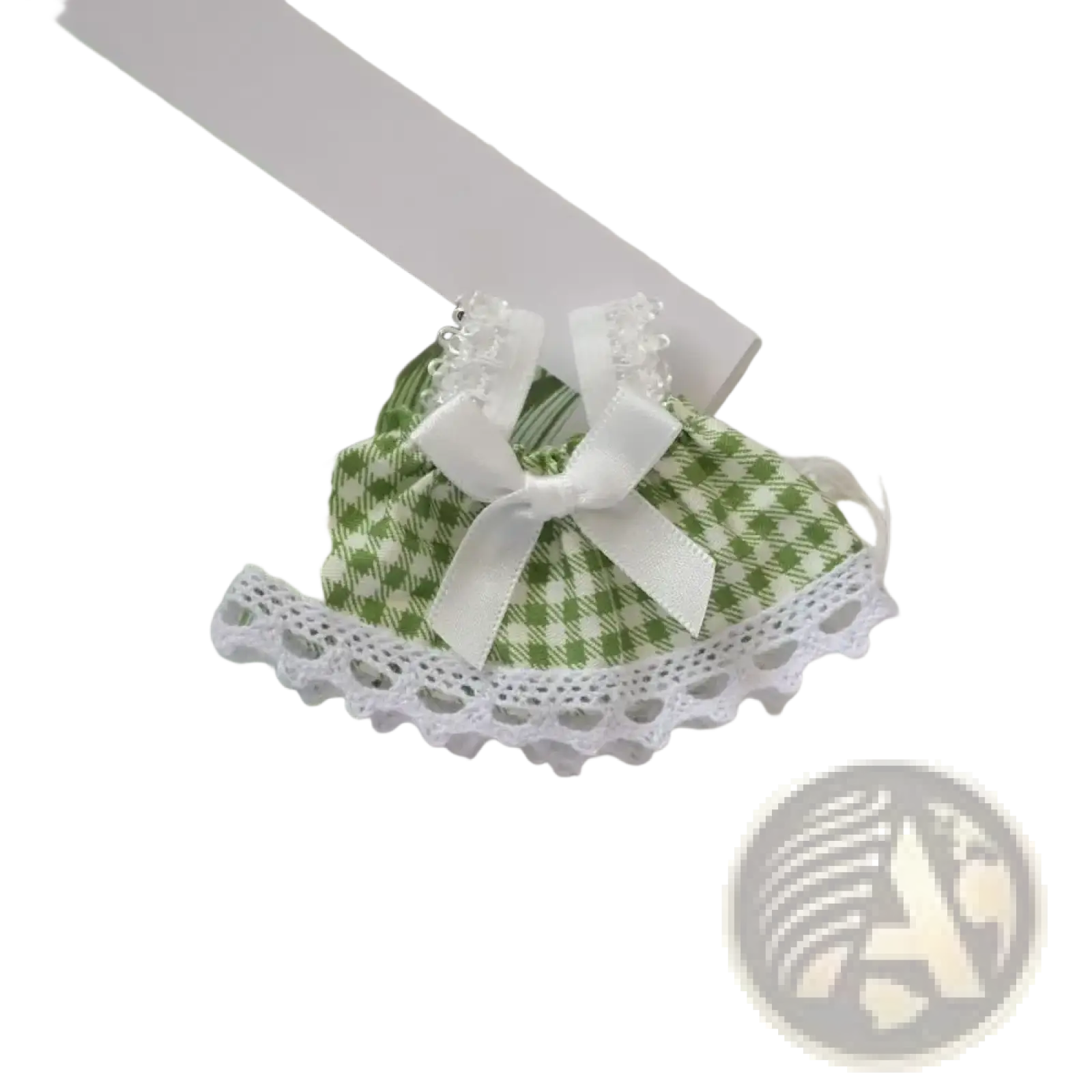 15cm doll gingham dress featuring a delicate green and white checkered fabric with lace trim and a central white ribbon bow