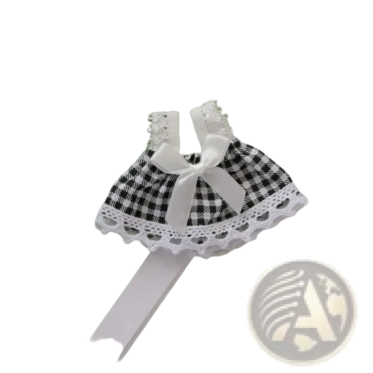 A delicate black and white checkered 15cm doll gingham dress with lace trim and a satin bow plush outfit