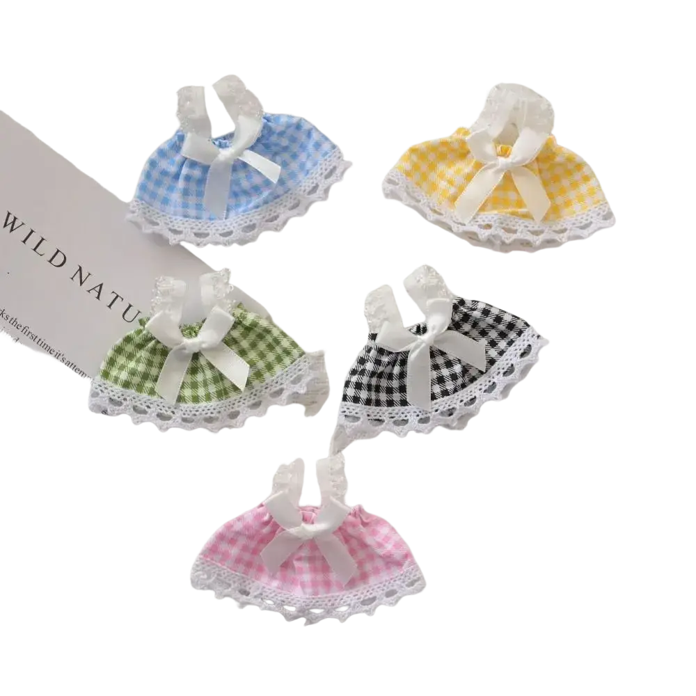 15cm doll gingham dresses in blue yellow green black and pink with white lace trim and bows cute plush outfit