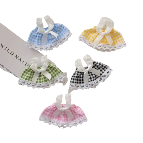 15cm doll gingham dresses in blue yellow green black and pink with white lace trim and bows cute plush outfit