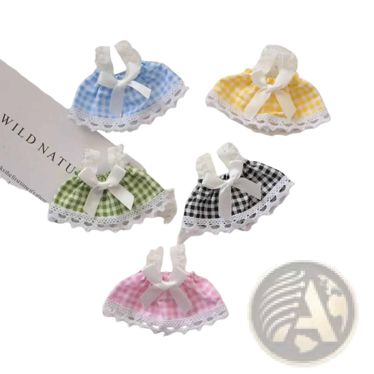 15cm doll gingham dresses in blue yellow green black and pink with white lace trim and bows cute plush outfit