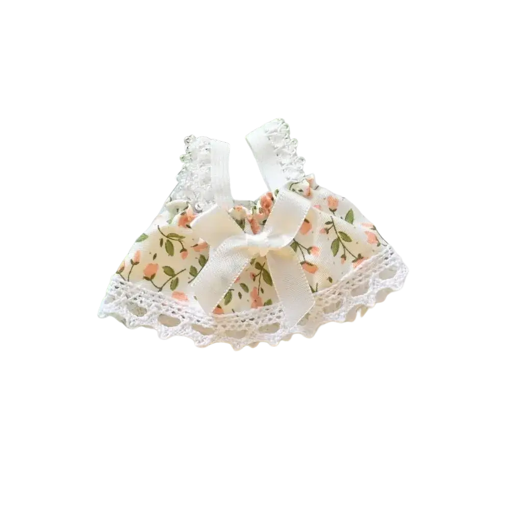 A delicate cream-colored lace trim 15cm doll gingham dress with a white ribbon bow plush outfit