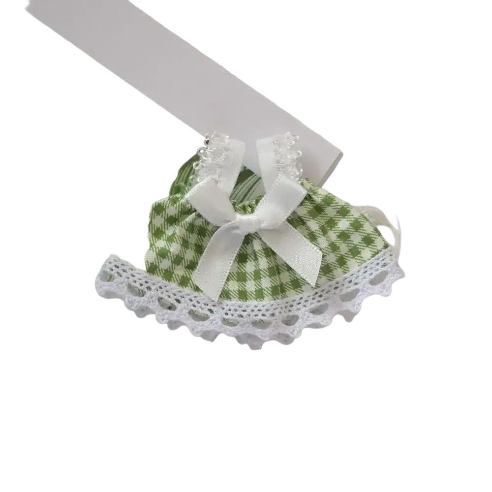 15cm doll gingham dress featuring a delicate green and white checkered fabric with lace trim and a central white ribbon bow