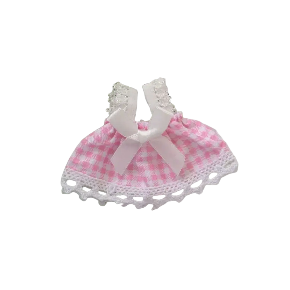 A delicate pink and white gingham 15cm doll dress with lace trim bow and beaded shoulder details for plush dolls