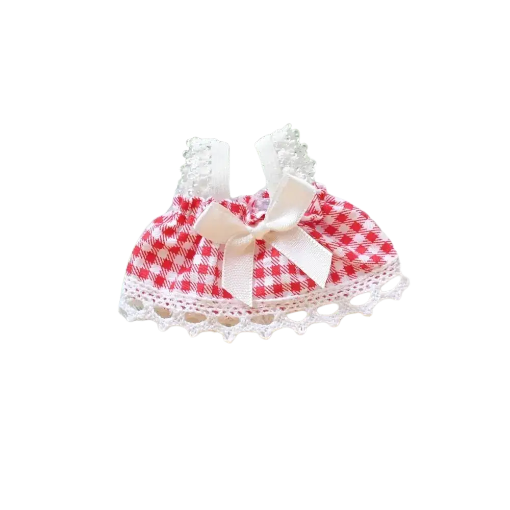 A 15cm doll gingham dress in red and white with lace trim and satin bow for a cute plush outfit