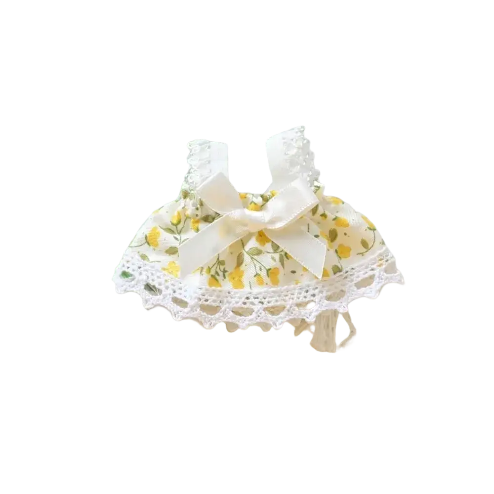 15cm doll gingham dress with delicate white lace trim yellow floral pattern and matching satin bow plush outfit