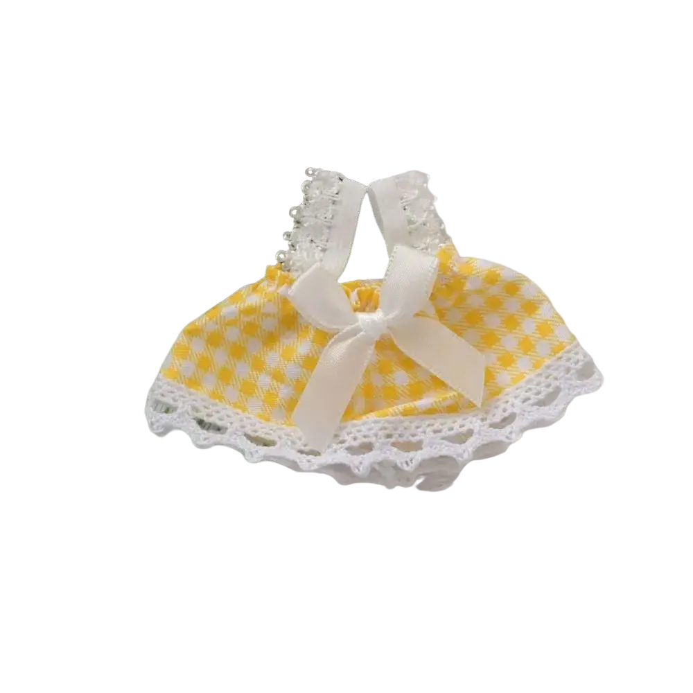 15cm doll gingham dress with yellow and white fabric lace trim and cream bow plush outfit for dolls