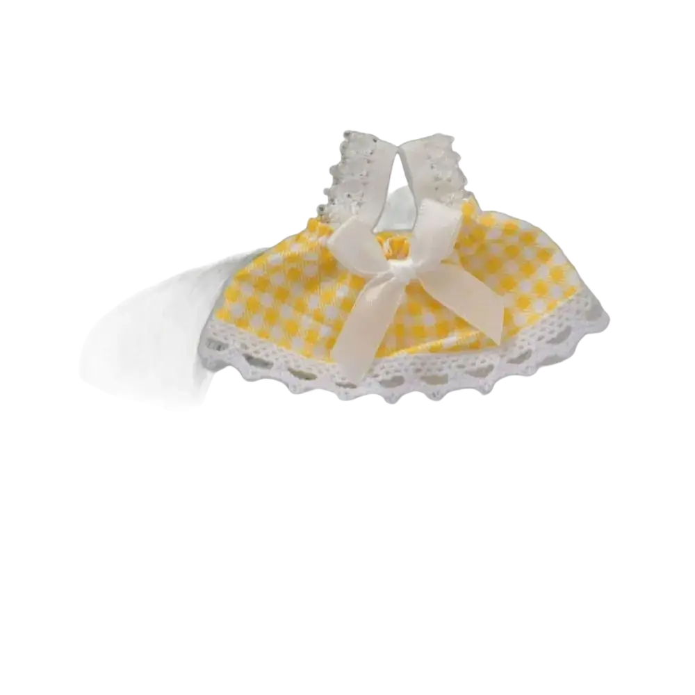 Yellow and white checkered gingham dress with lace trim and central bow for 15cm cotton dolls plush outfit