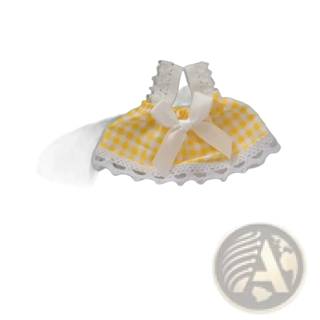 Yellow and white checkered gingham dress with lace trim and central bow for 15cm cotton dolls plush outfit