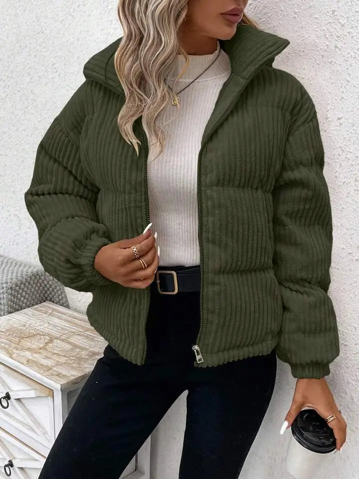 Olive green corduroy puffer jacket with a hood and front zipper designed as a plus size women winter coat.
