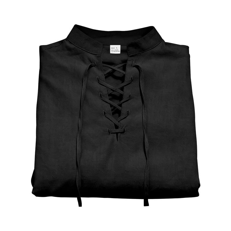 Camisa tipo henley de lino negra con cordones para hombre, con cuello de pie y lazos de tela a juego, con mangas arremangables