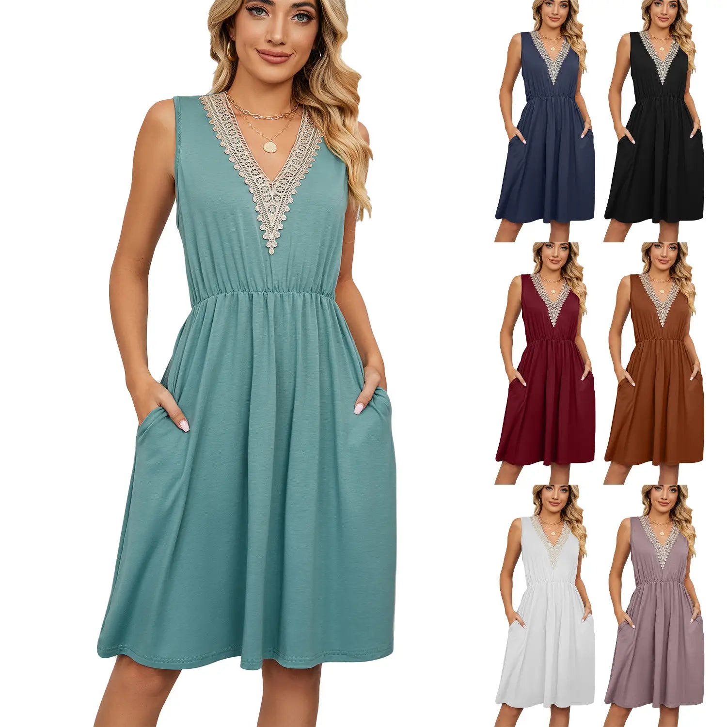 Ein ärmelloses petrolfarbenes V-Ausschnitt-Midi-A-Linien-Kleid mit Spitzenbesatz und Seitentaschen, geeignet für legere und semi-formelle Anlässe.