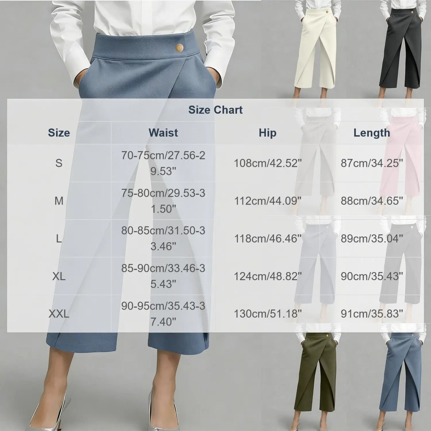 blaue High-Waist-Wide-Leg-Hosen mit plissierten verkürzten Anzughosen und goldener Knopfverschluss-Knopfleiste