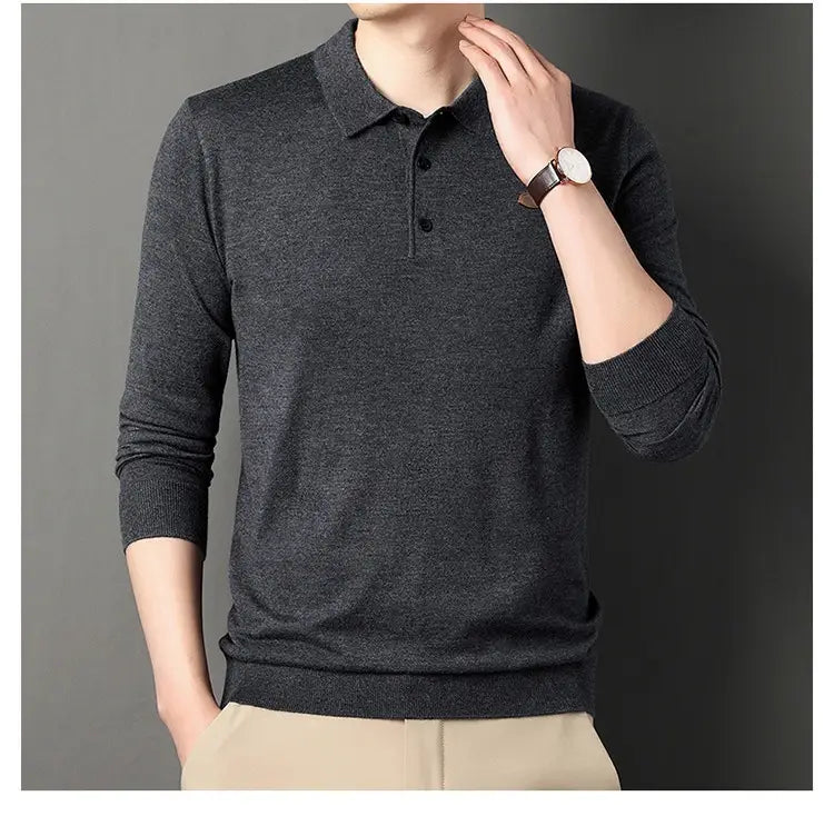 Dunkelgraues Herren-Wollstrick-Poloshirt mit langen Ärmeln mit klassischem Kragen und geknöpfter Leiste