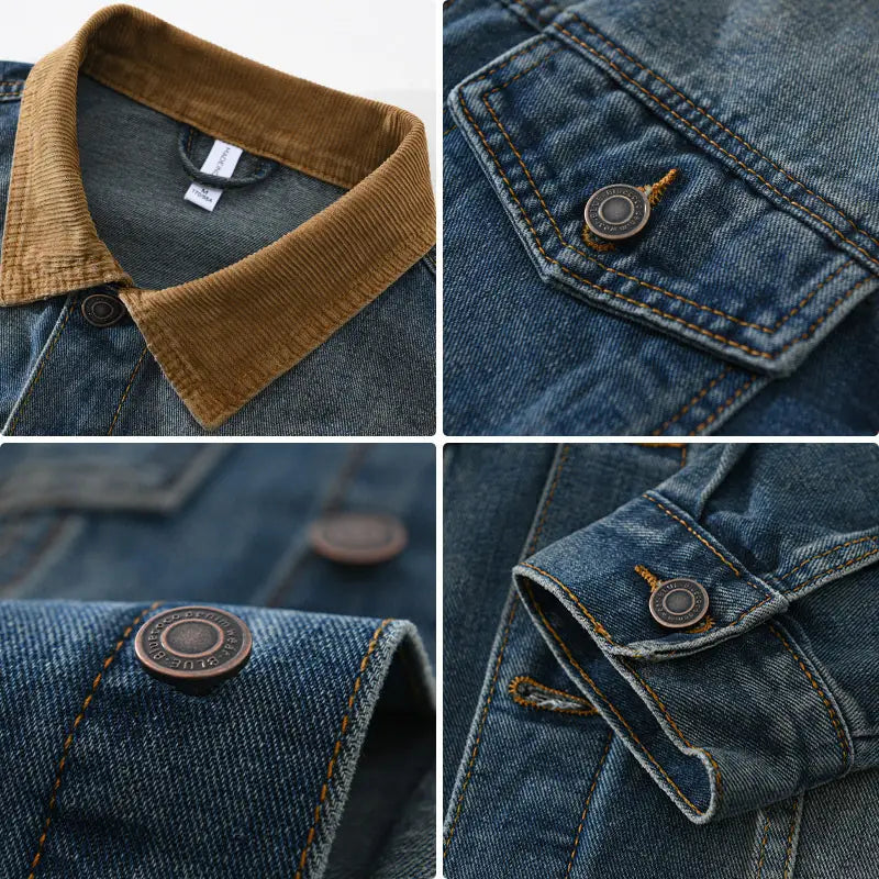 Veste de travail en denim pour homme à col en velours côtelé, présentant un tissu en denim bleu, un col en velours côtelé brun et des détails de boutons de couleur bronze.