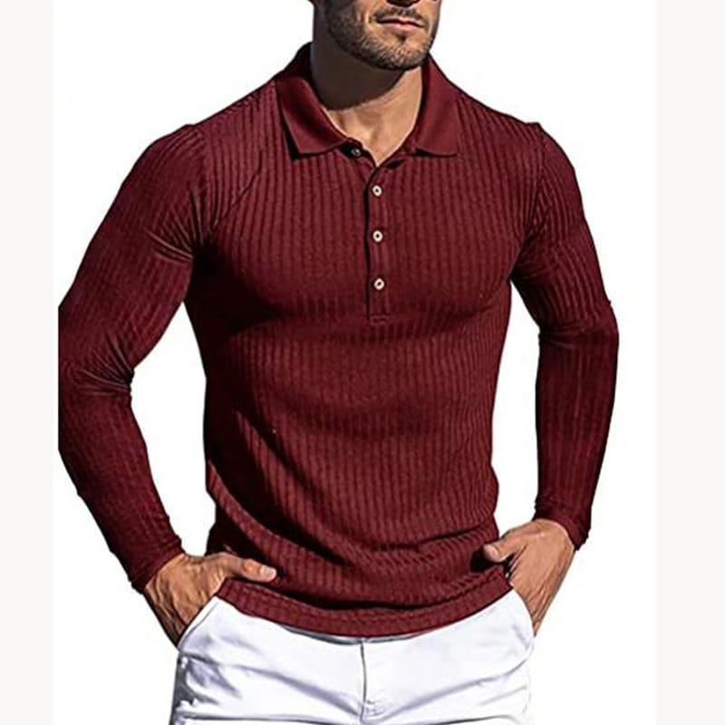 A maroon slim fit ribbed knit long sleeve polo shirt for men with a classic collar and button placket.