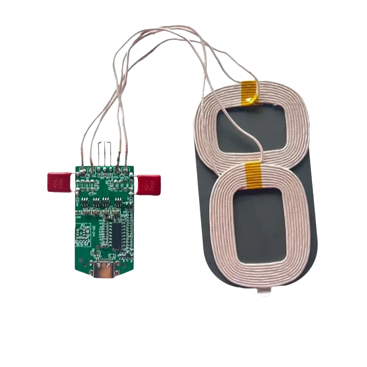 15w dual coil wireless charger pcba module with green circuit board and beige coiled coils showing back side