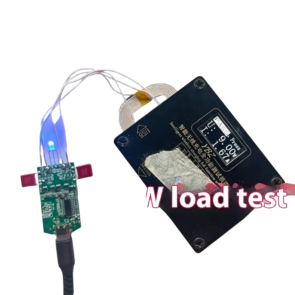 Black rectangular 15w dual coil wireless charger pcba module with blue led indicator and white coiled wire attached