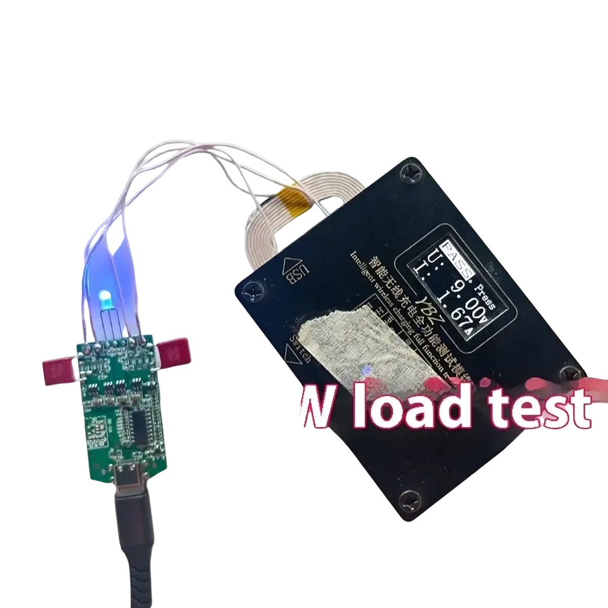 Black rectangular 15w dual coil wireless charger pcba module with blue led indicator and white coiled wire attached