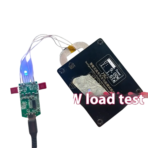 Black rectangular 15w dual coil wireless charger pcba module with blue led indicator and white coiled wire attached