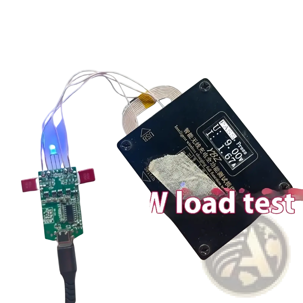 Black rectangular 15w dual coil wireless charger pcba module with blue led indicator and white coiled wire attached