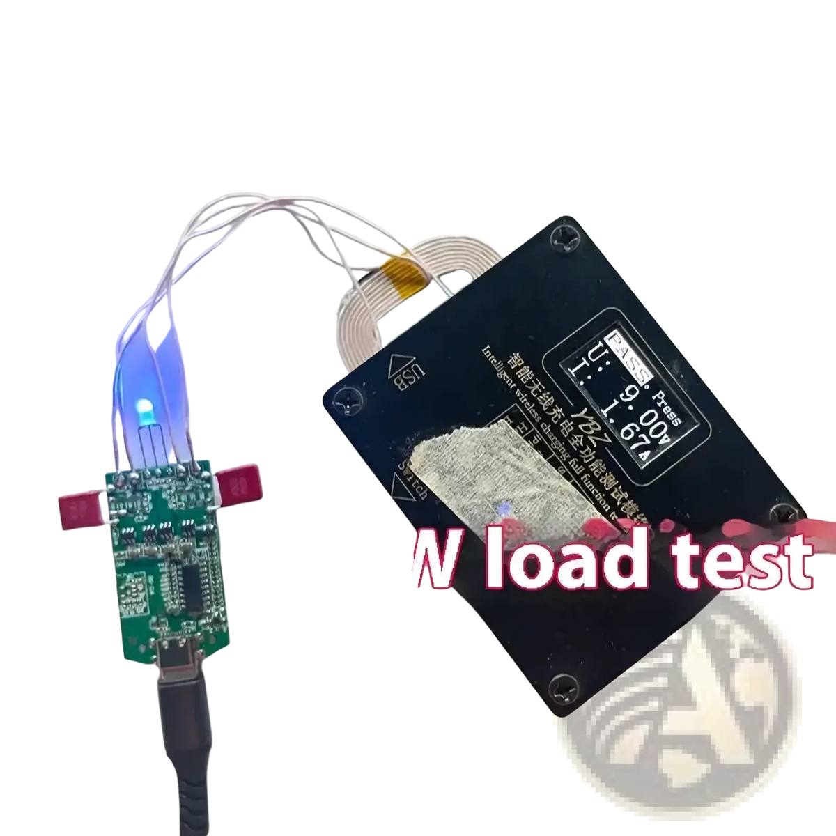 Black rectangular 15w dual coil wireless charger pcba module with blue led indicator and white coiled wire attached