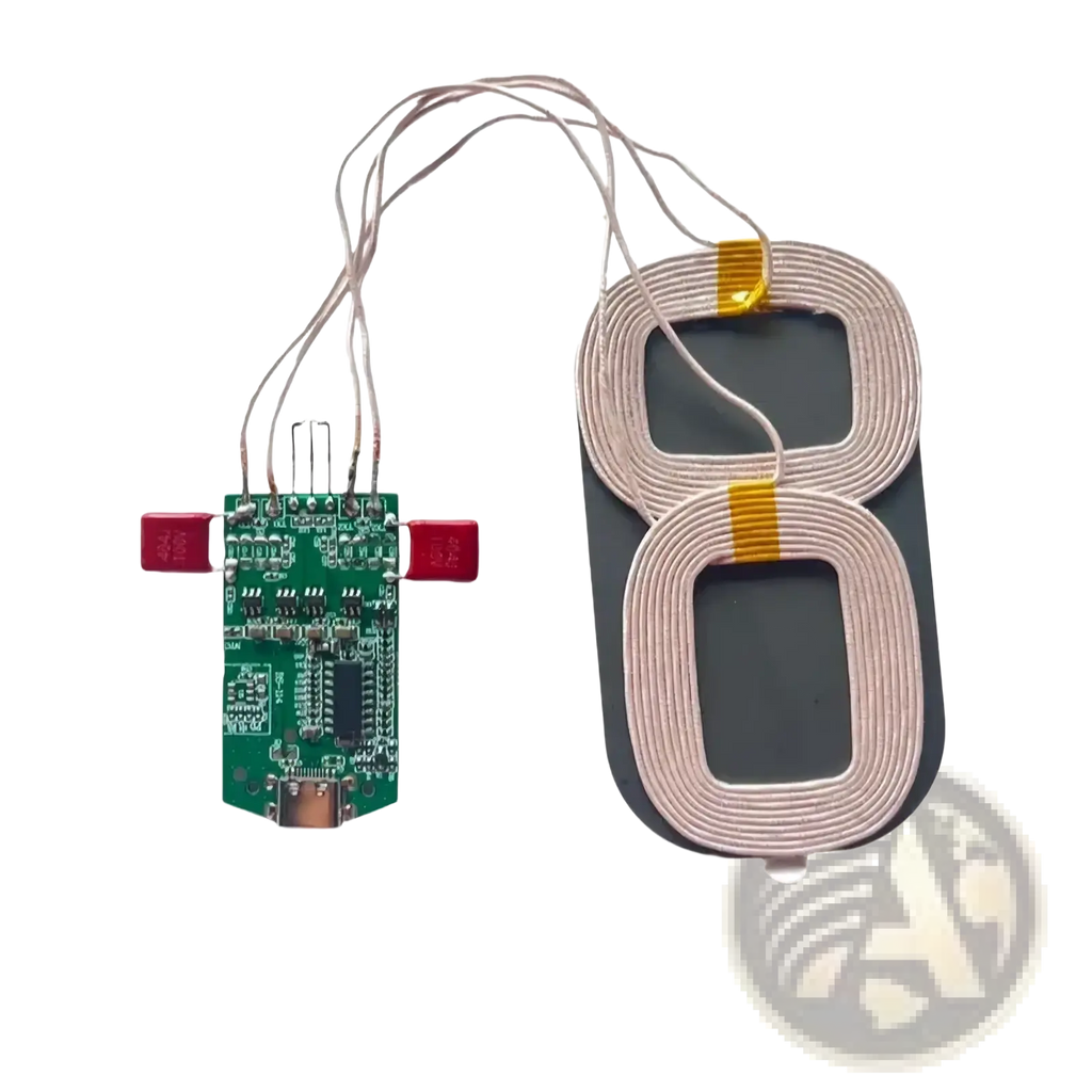 15w dual coil wireless charger pcba module with green circuit board and beige coiled coils showing back side