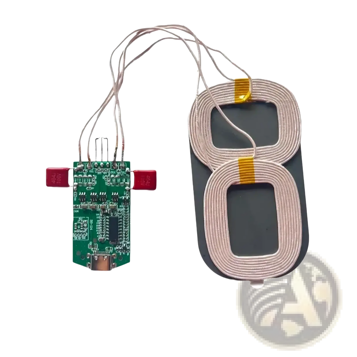 15w dual coil wireless charger pcba module with green circuit board and beige coiled coils showing back side