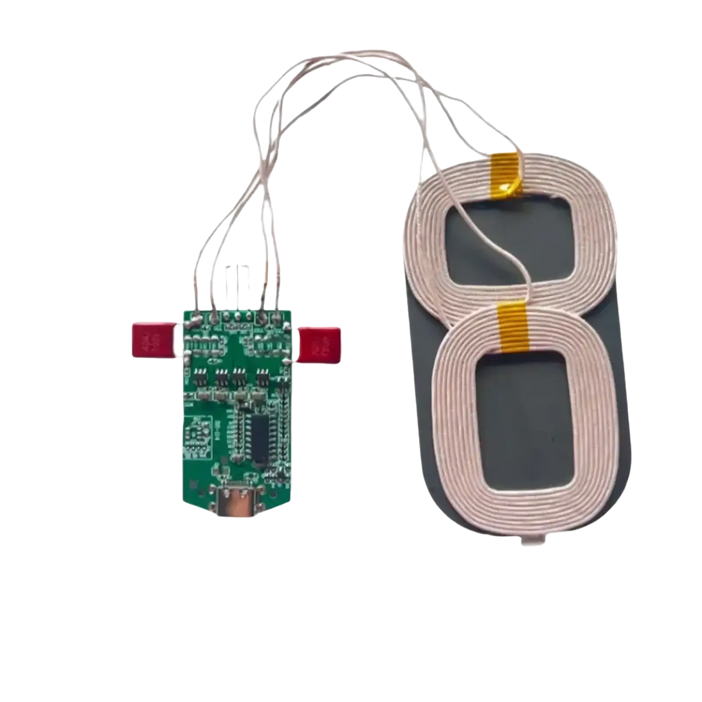 15w dual coil wireless charger pcba module showing green circuit board with two coiled copper coils on the back side