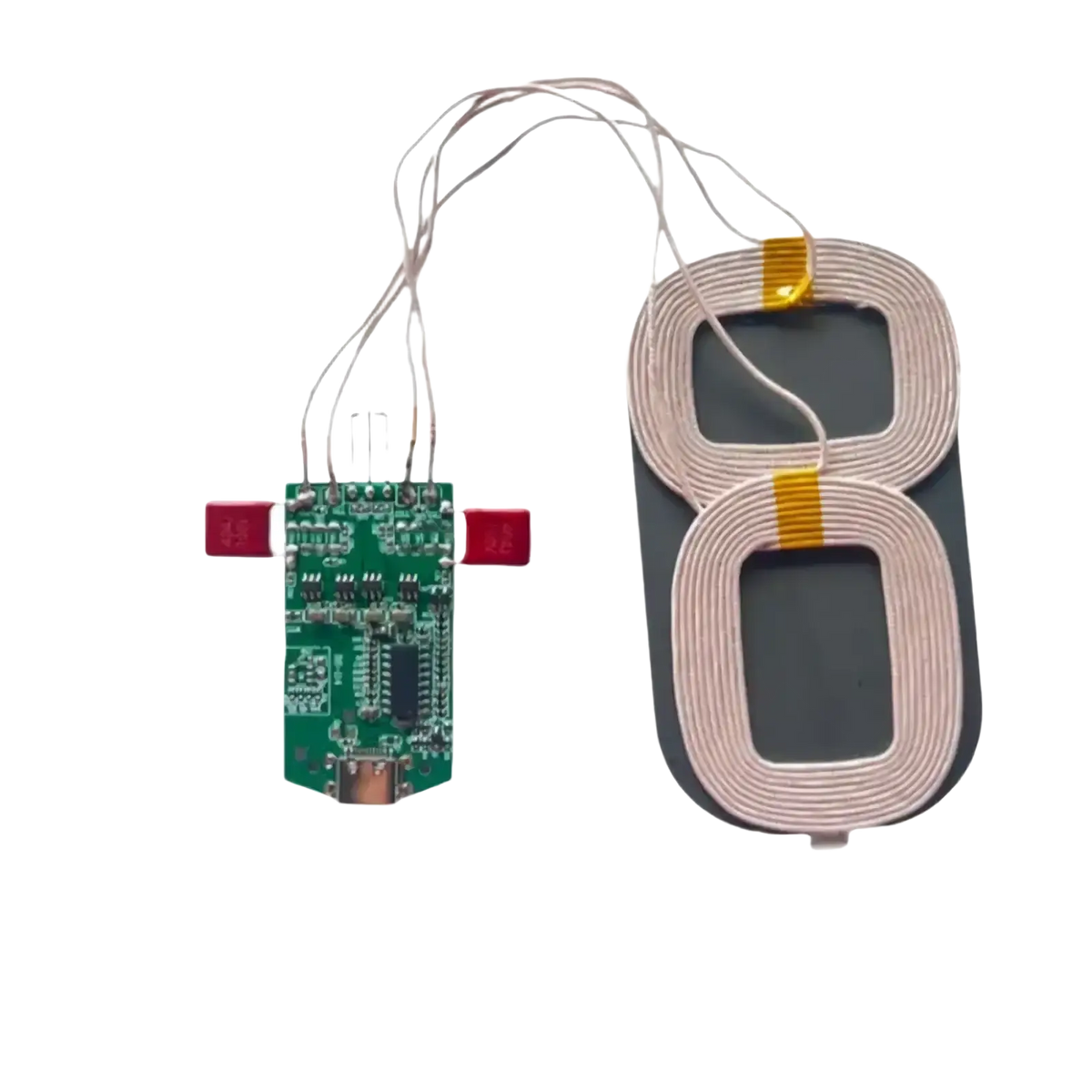 15w dual coil wireless charger pcba module showing green circuit board with two coiled copper coils on the back side