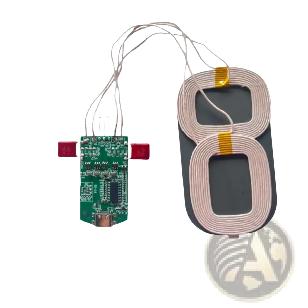 15w dual coil wireless charger pcba module showing green circuit board with two coiled copper coils on the back side