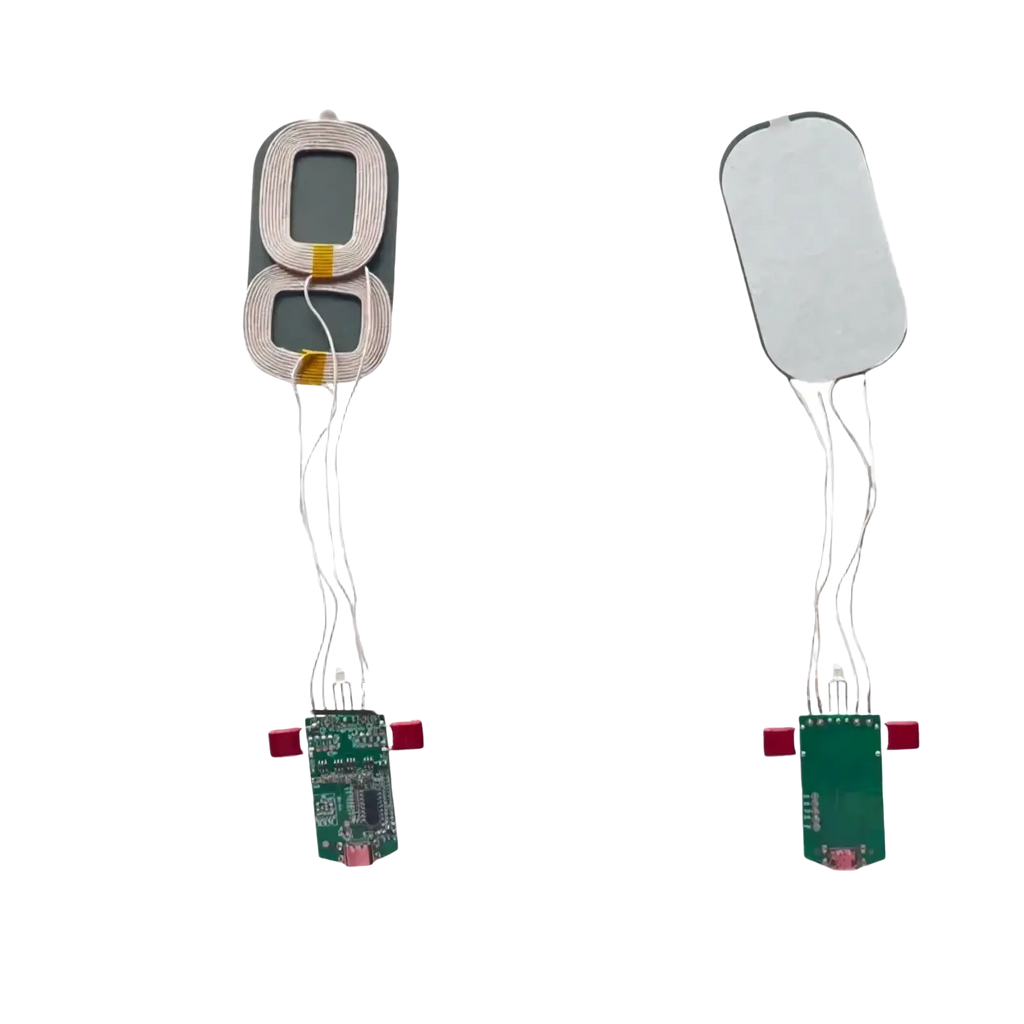 15w dual coil wireless charger pcba module showing green circuit board base with two circular wireless charging coils