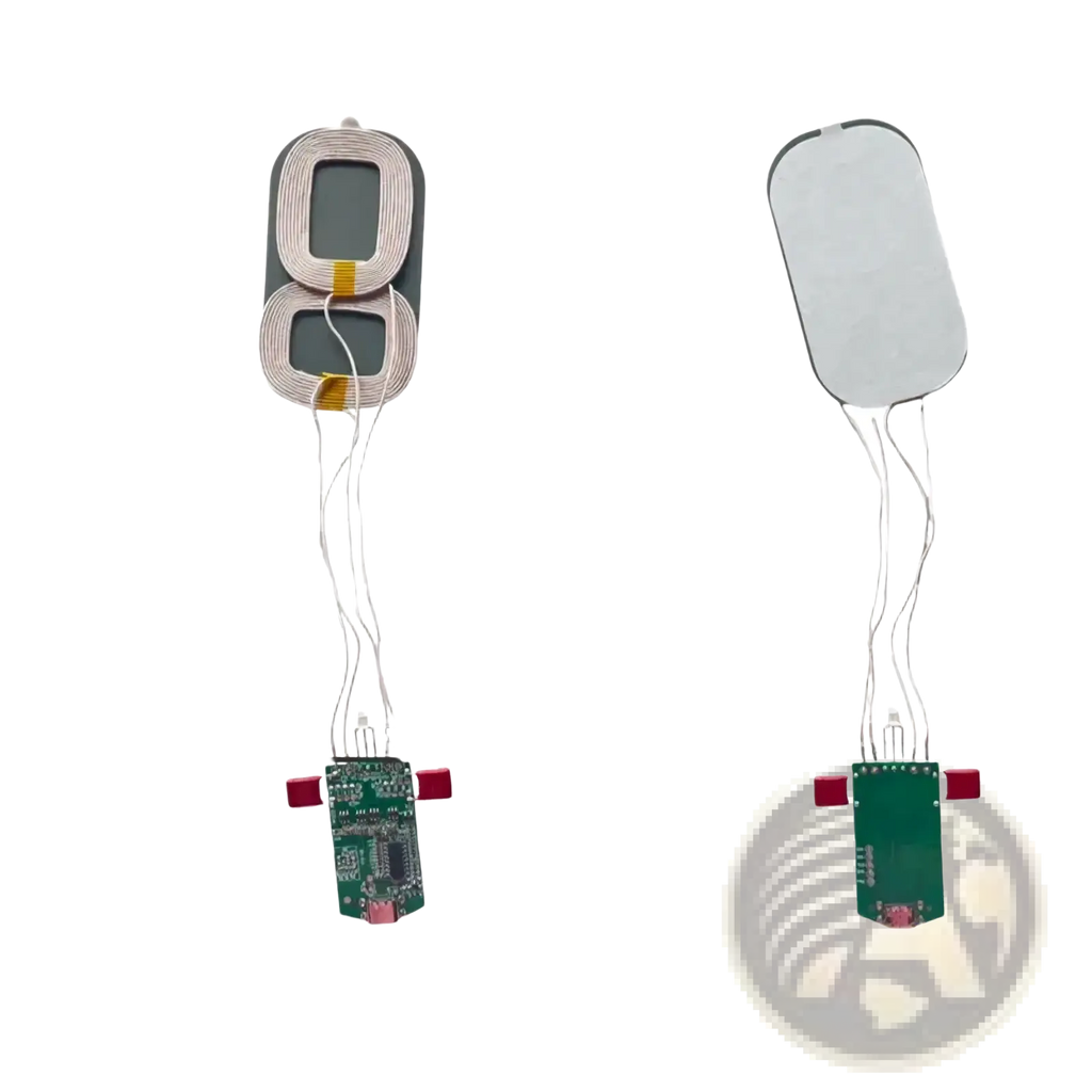 15w dual coil wireless charger pcba module showing green circuit board base with two circular wireless charging coils