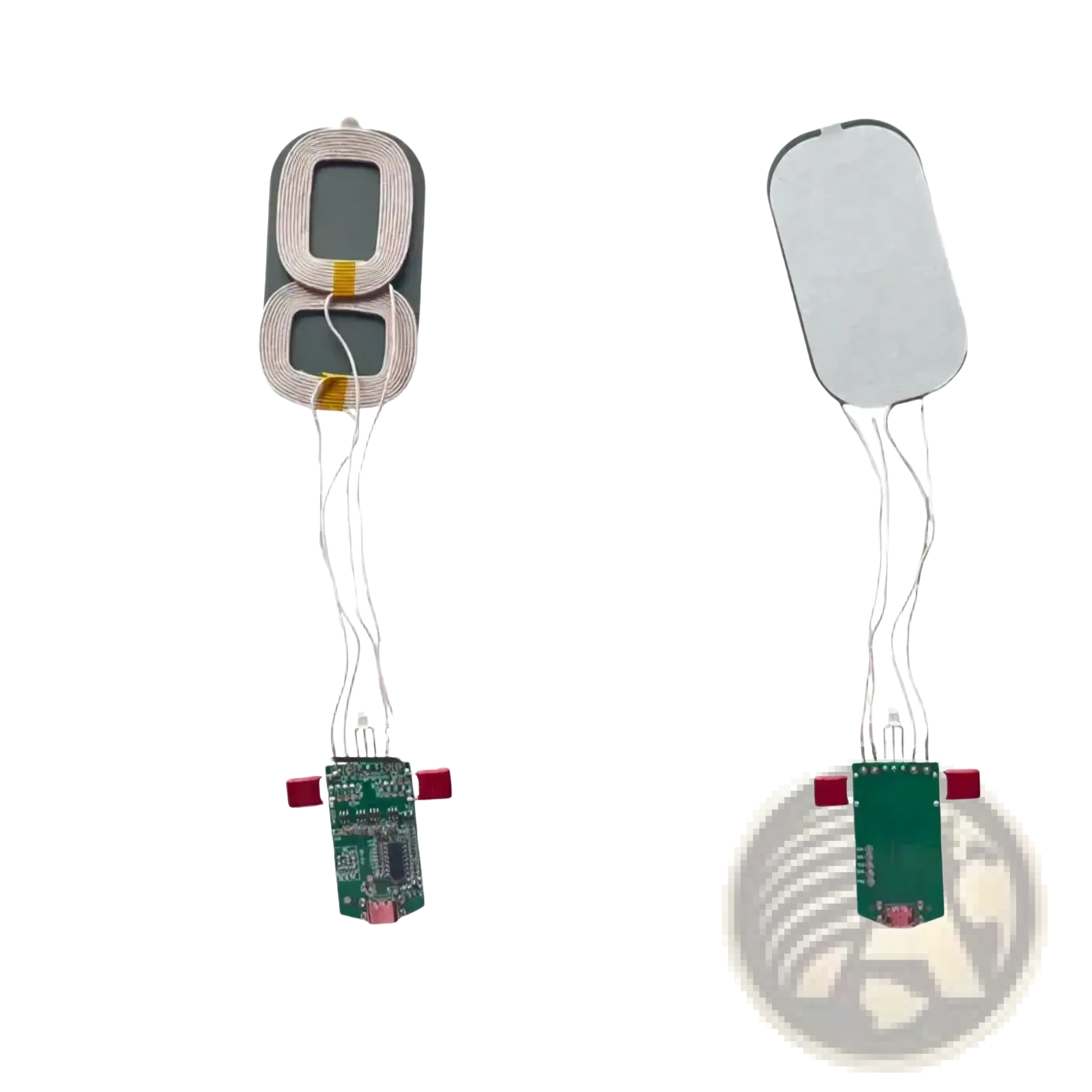 15w dual coil wireless charger pcba module showing green circuit board base with two circular wireless charging coils