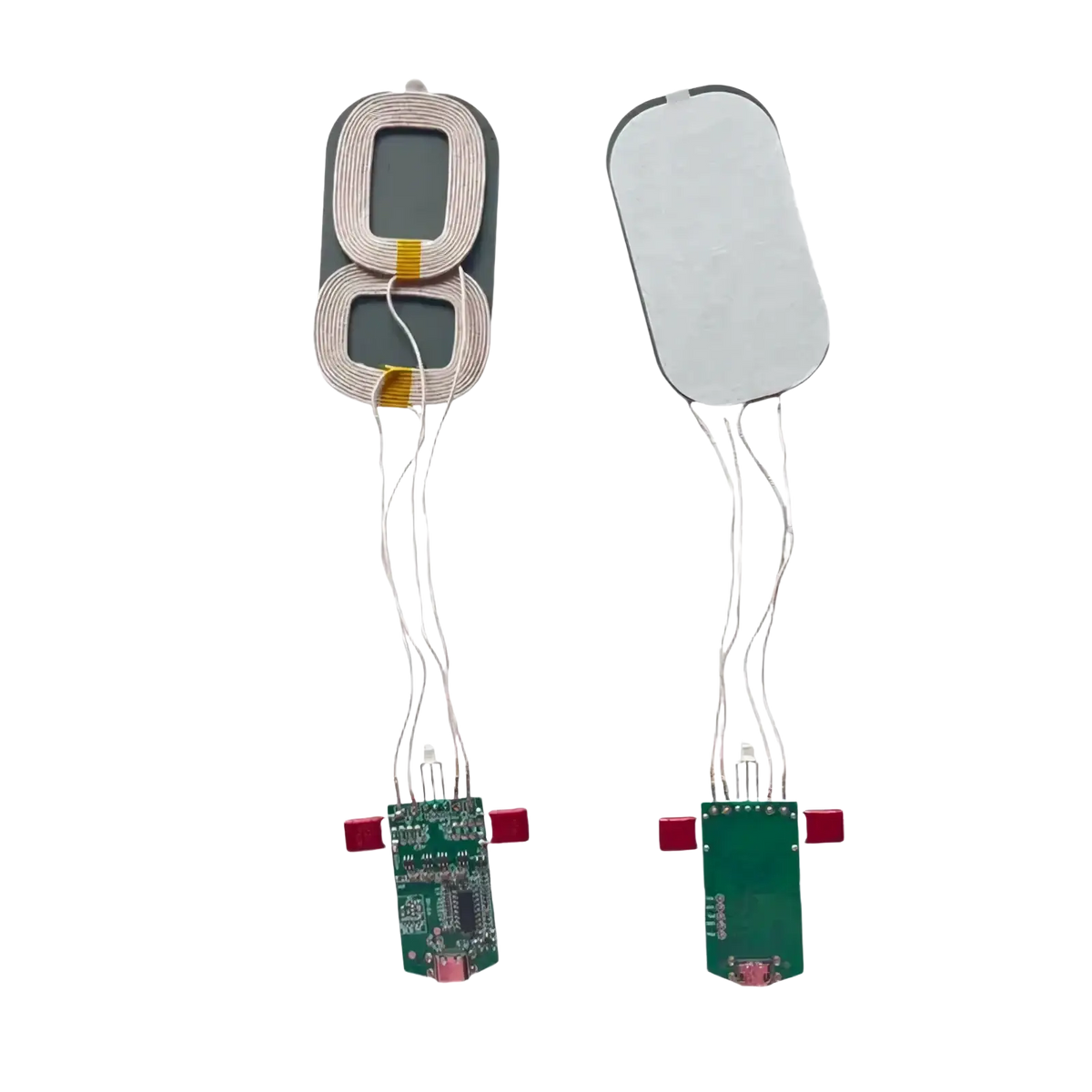 15w dual coil wireless charger pcba module showing silver coils and green circuit boards on the back side