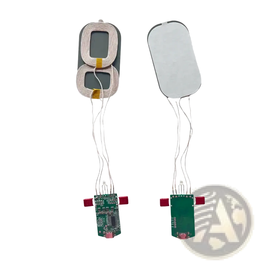 15w dual coil wireless charger pcba module showing silver coils and green circuit boards on the back side