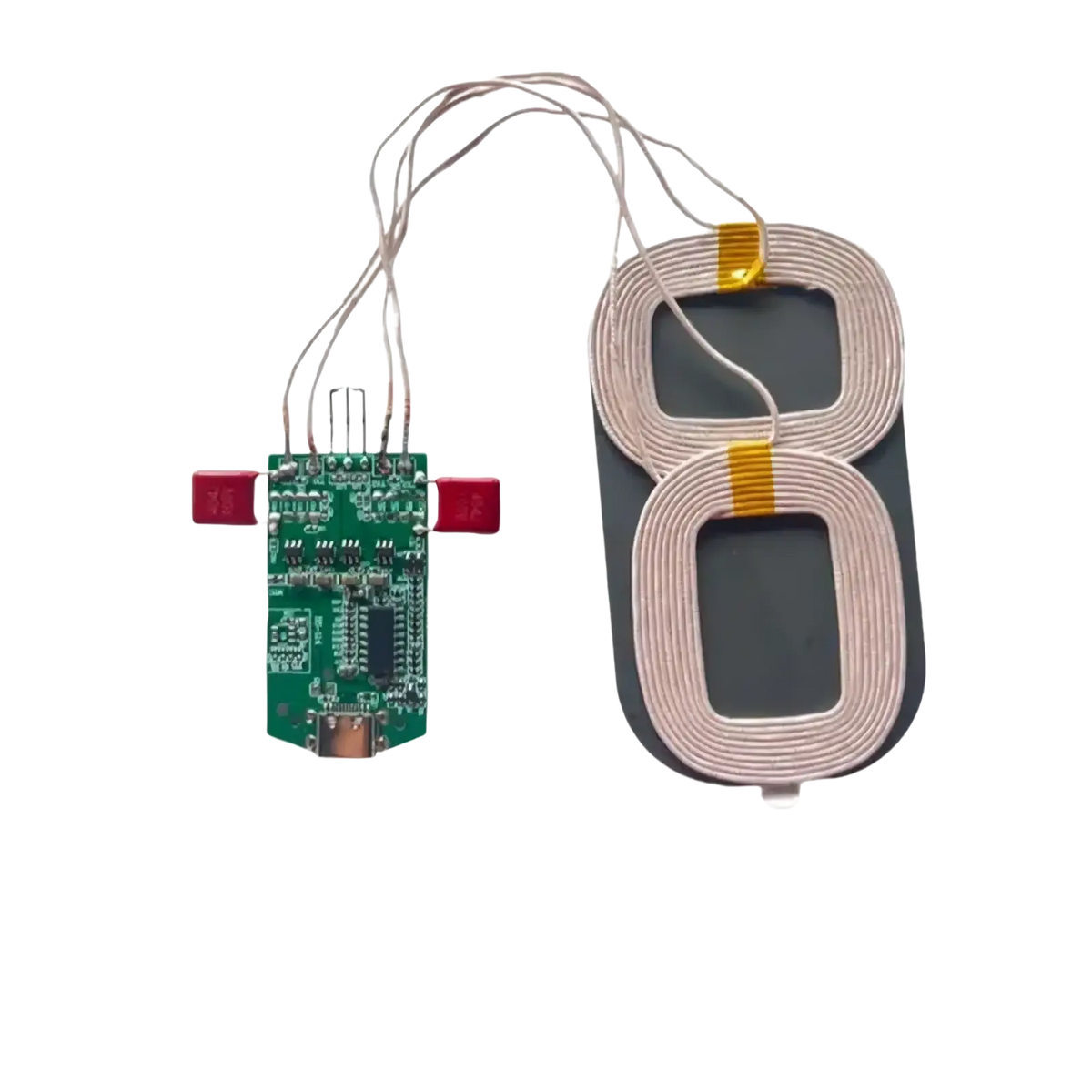 15w dual coil wireless charger pcba module with green circuit board and beige coiled wire for wireless charging