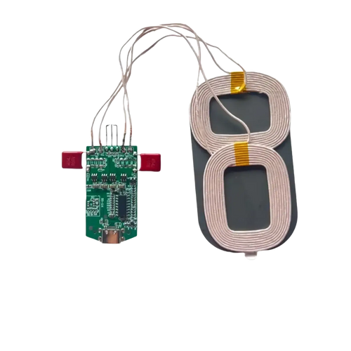 15w dual coil wireless charger pcba module with green circuit board and beige coiled wire for wireless charging