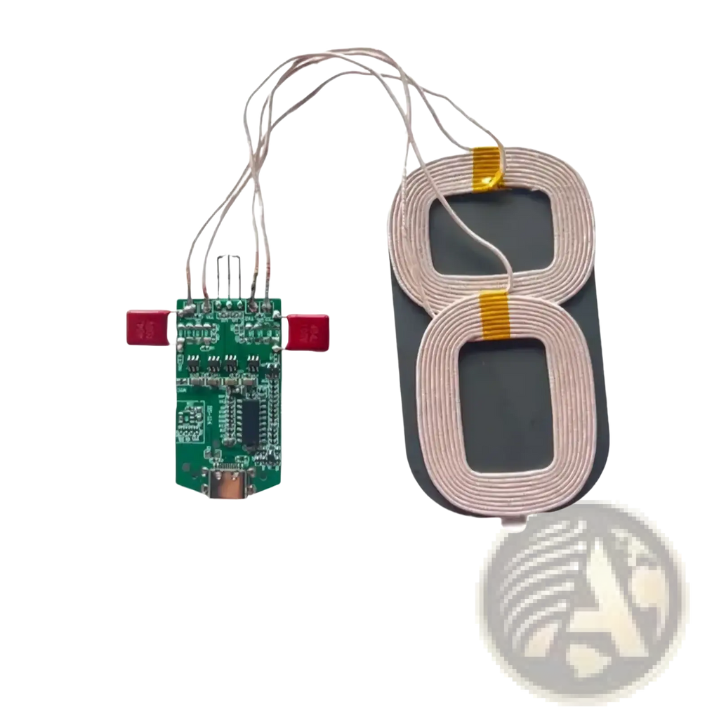 15w dual coil wireless charger pcba module with green circuit board and beige coiled wire for wireless charging