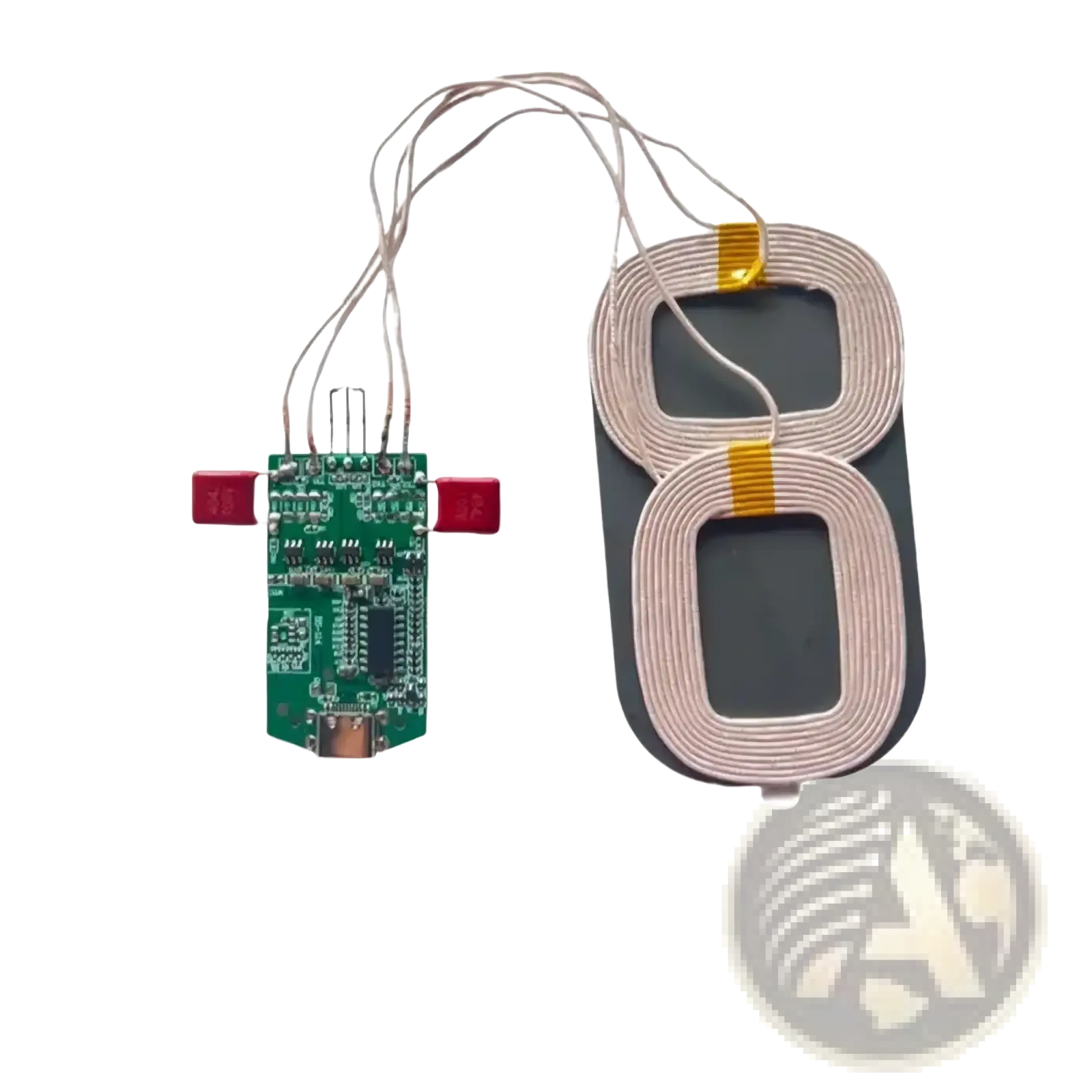 15w dual coil wireless charger pcba module with green circuit board and beige coiled wire for wireless charging