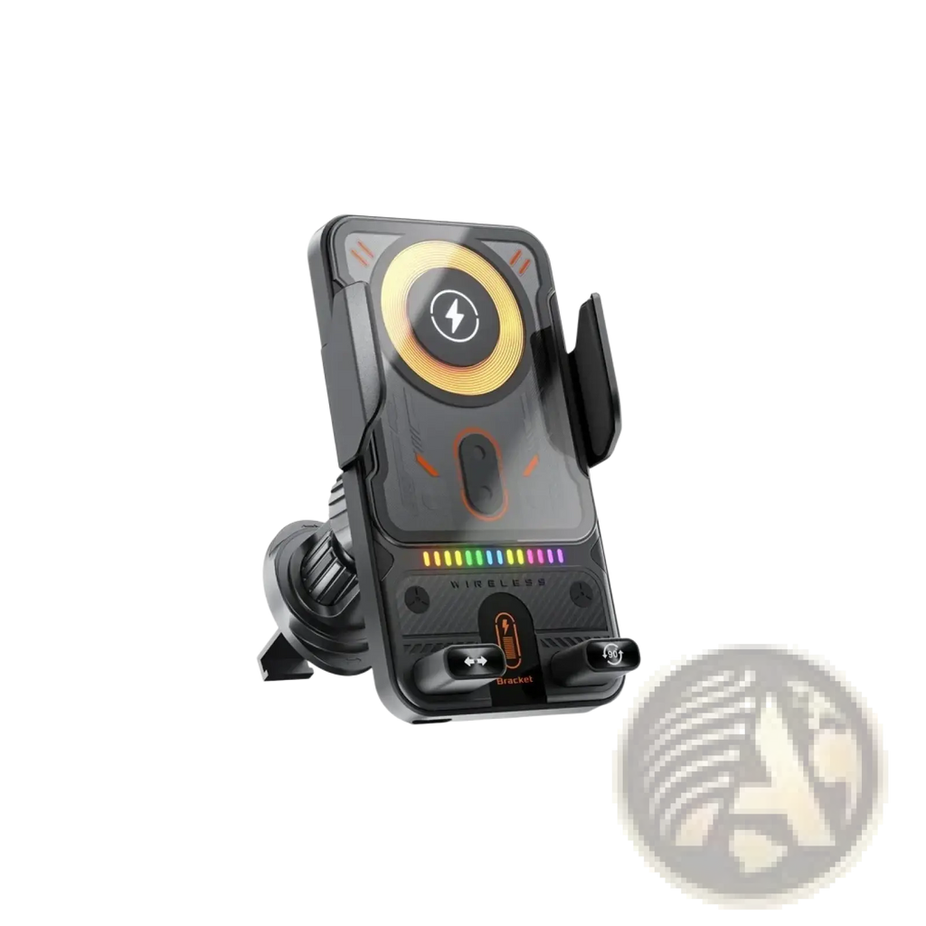 Black 15w fast wireless car charger automatic clamping mount with glowing yellow pad and rainbow led indicators
