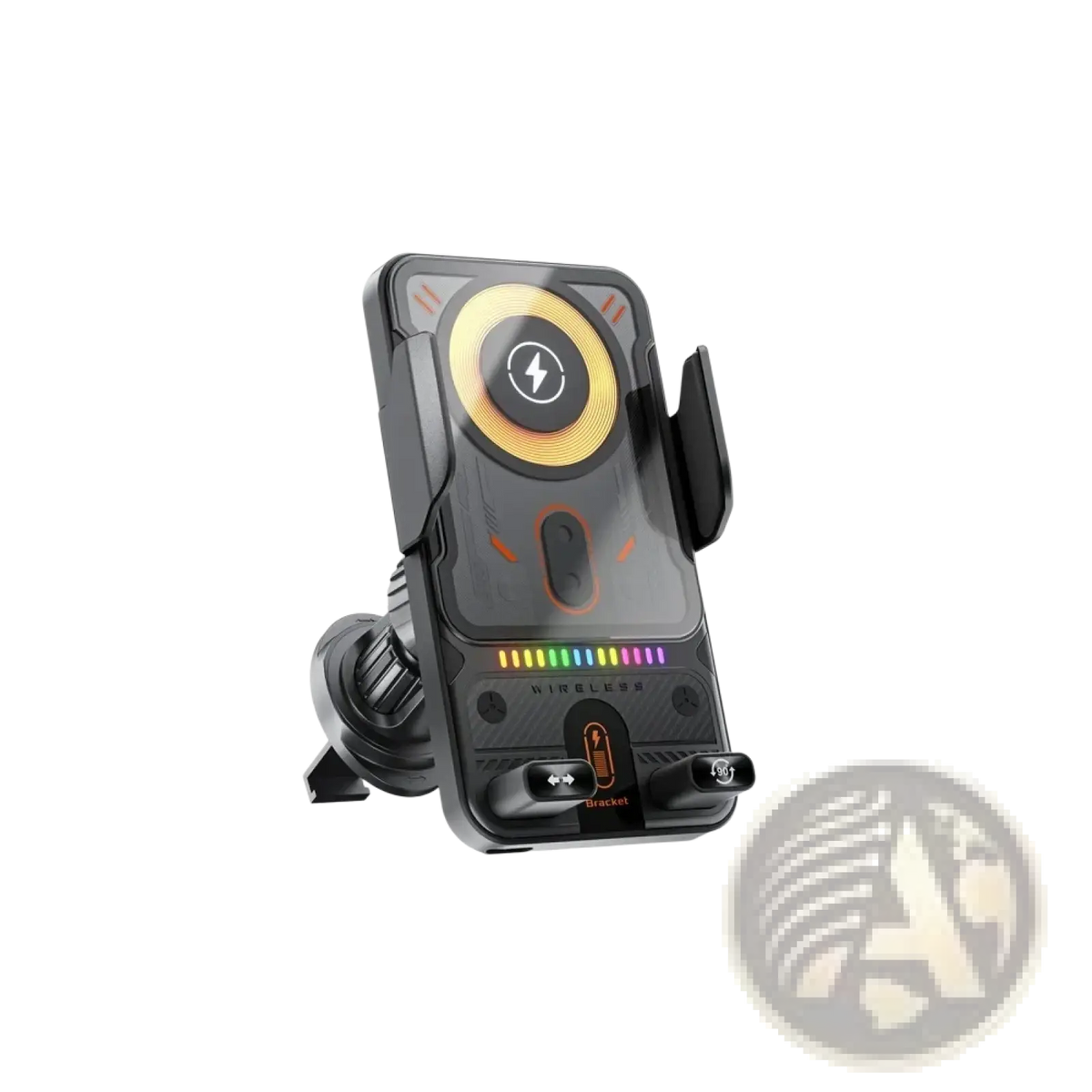 Black 15w fast wireless car charger automatic clamping mount with glowing yellow pad and rainbow led indicators