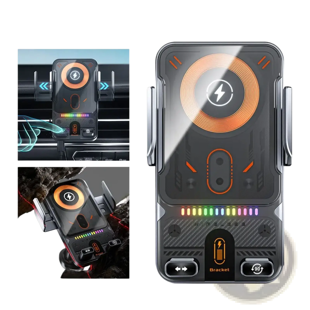 Black and orange 15w fast wireless car charger with automatic clamping mount and rgb lighting indicators