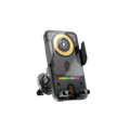 Black 15w fast wireless car charger automatic clamping mount with glowing yellow pad and rainbow led indicators
