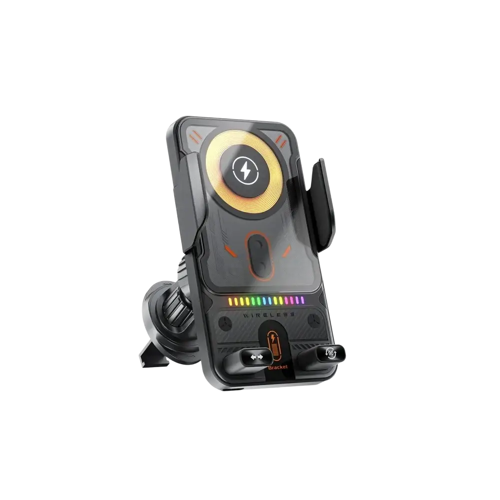 Black 15w fast wireless car charger automatic clamping mount with glowing yellow pad and rainbow led indicators