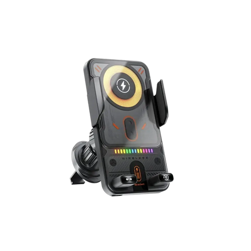 Black 15w fast wireless car charger automatic clamping mount with glowing yellow pad and rainbow led indicators